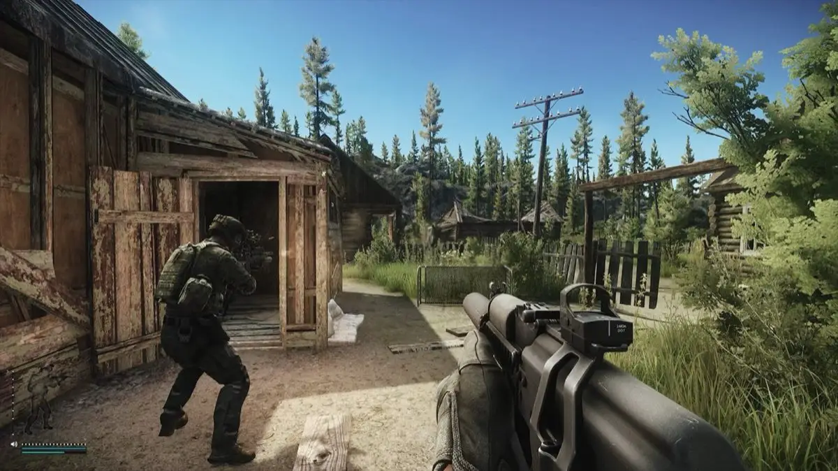 Escape from Tarkov first-person view down a shotgun with a red dot sight as another player moves between wooden village buildings in daylight