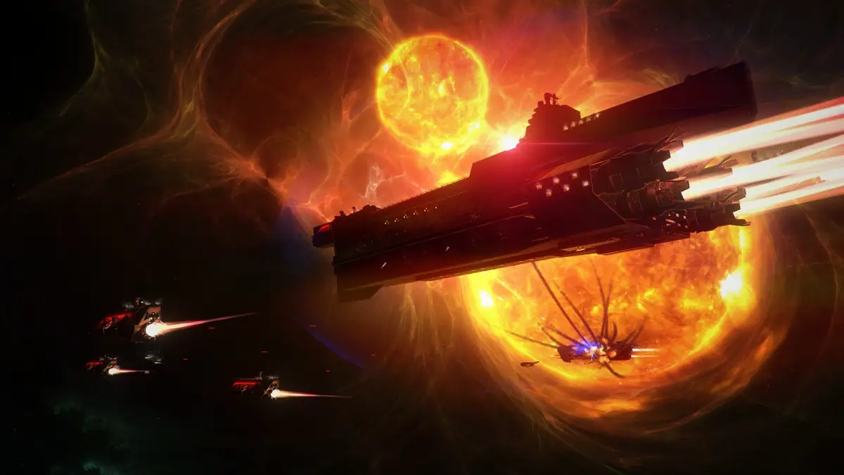 X4: Foundations capital ship firing engines near a blazing red star, with smaller escort ships trailing thruster wakes