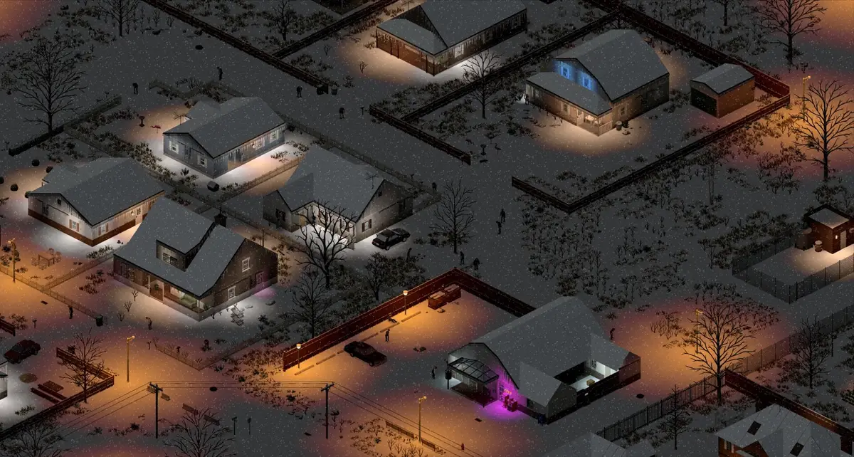 Project Zomboid isometric night view of a snowy suburban neighborhood with lit houses and zombies wandering the streets