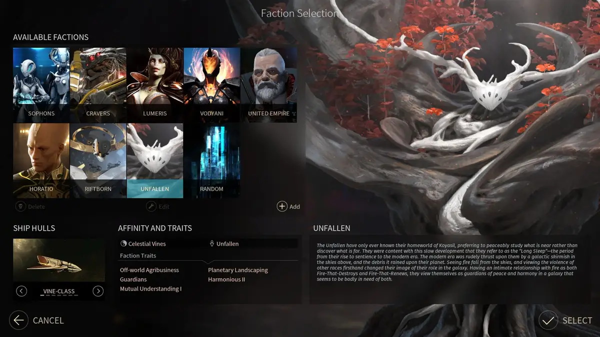 X4: Foundations faction selection screen showing the Unfallen with their Vine-class ship hull and faction traits listed