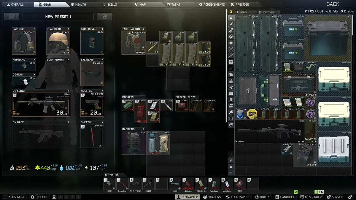Escape from Tarkov gear screen showing equipped helmet, armour, rifle and pistol on the left and a stash grid of weapons, ammunition and medical cases on the right