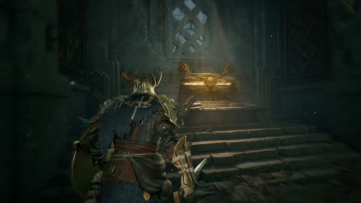 Mistfall Hunter character in a horned helmet approaching a glowing golden altar at the top of stone steps inside a dark hall