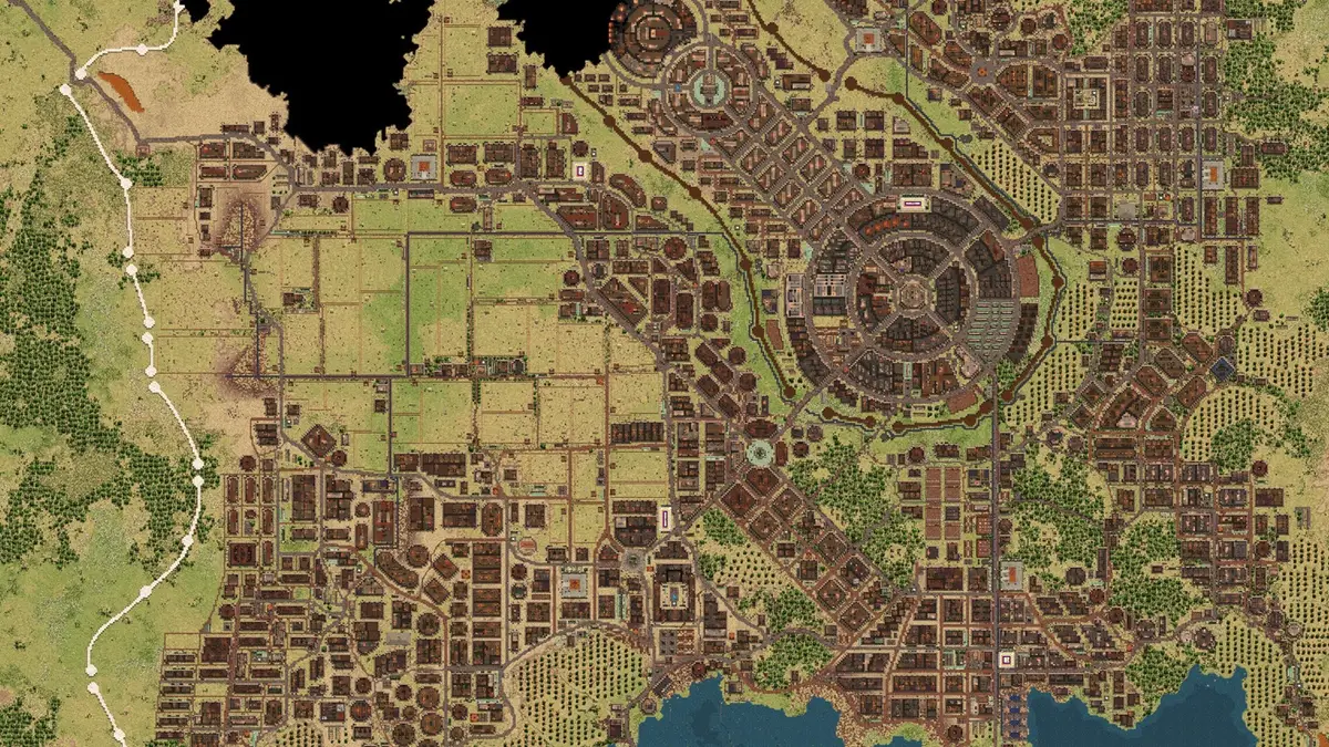 Songs of Syx regional map showing a sprawling settlement with roads, farmland, and a circular walled city center
