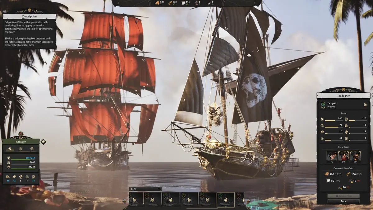Corsair Cove ship screen comparing two sailing ships, with a stats panel listing a crew of 120 and the construction cost of the selected hull