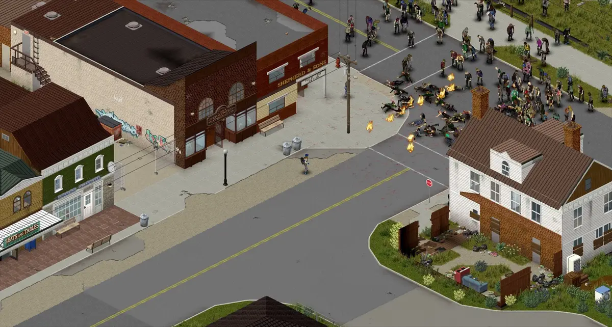 Project Zomboid survivor standing on a town street corner as a massive zombie horde gathers near burning bodies