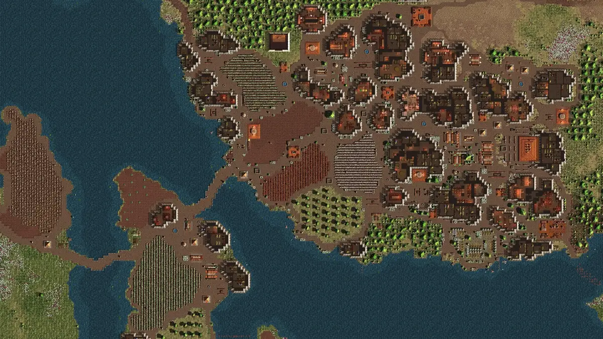 Songs of Syx coastal settlement map with clustered walled districts, farmland rows, and inlets of water