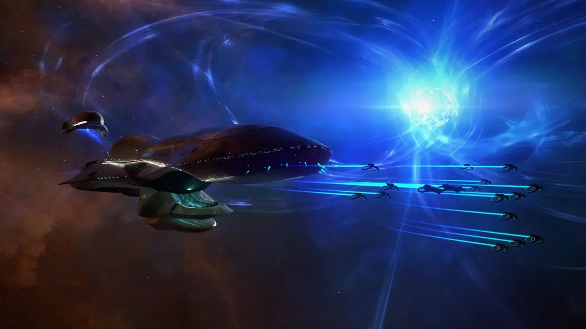 X4: Foundations spacecraft cruising past a glowing blue nebula with a fleet of drones firing turquoise energy beams