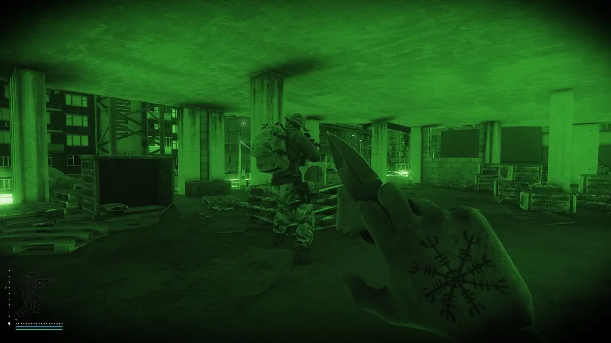 Escape from Tarkov night-vision view in green, the player raising a knife while another figure moves through an unfinished concrete building