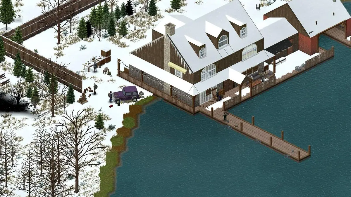 Project Zomboid snowbound waterfront cabin with a docked jeep and survivors gathering supplies by the lake