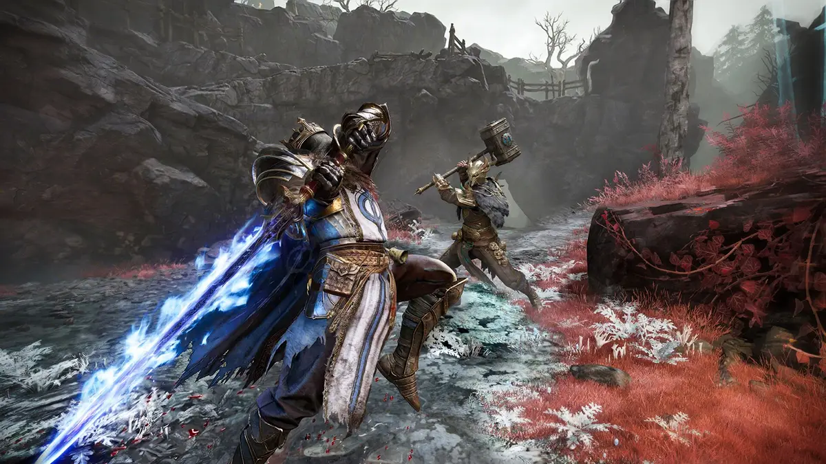 Mistfall Hunter melee clash between a knight holding a glowing blue sword and a hammer-wielding opponent on grey rock beside red foliage