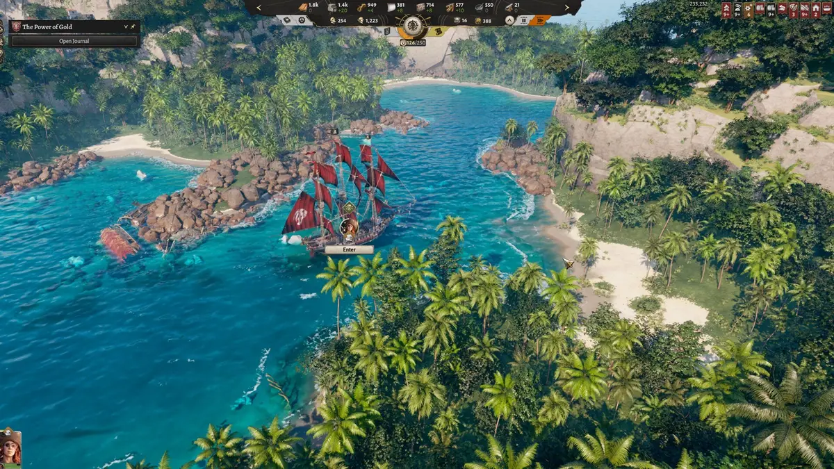 Corsair Cove pirate ship with red sails anchored in a palm-fringed cove, resource counters running along the top of the screen