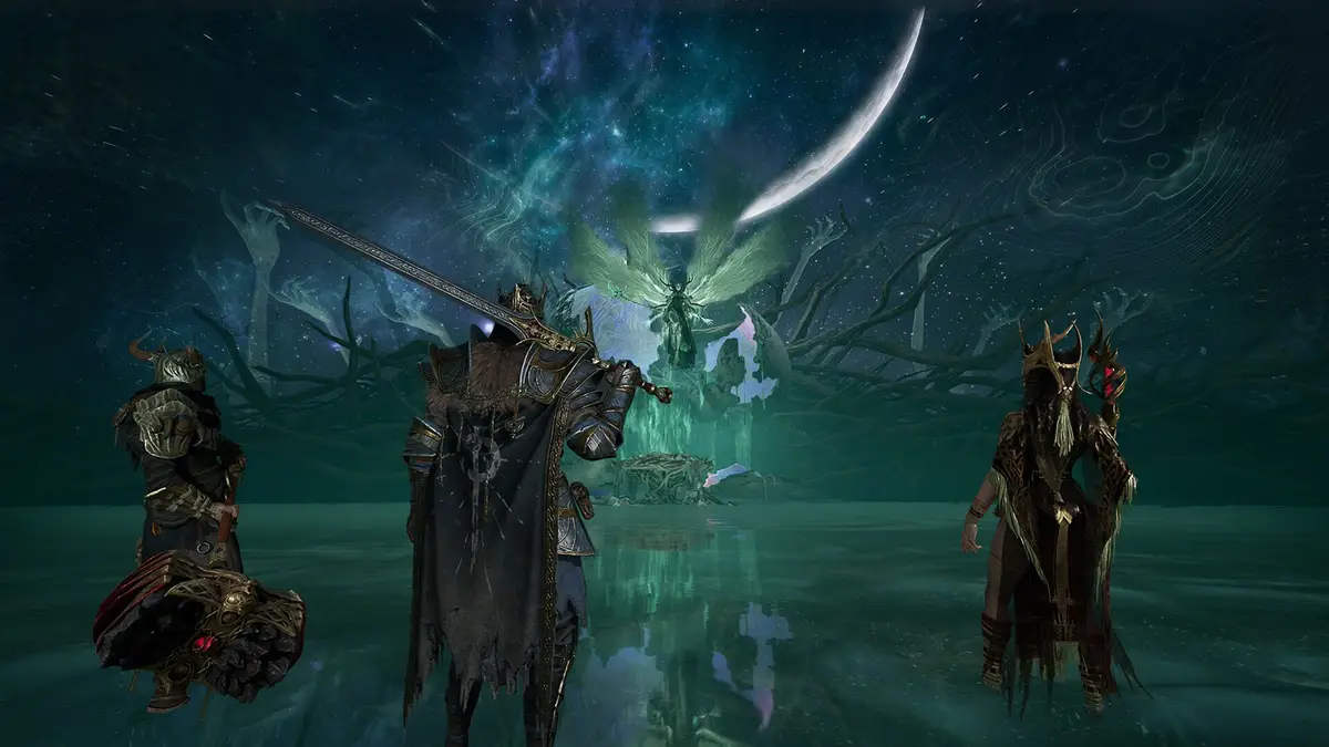 Mistfall Hunter three players standing in shallow water facing a winged figure beneath a crescent moon and starfield