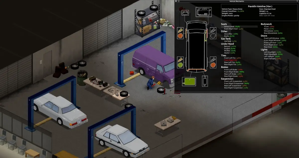 Project Zomboid vehicle mechanics screen showing a purple van on a lift with detailed part condition percentages