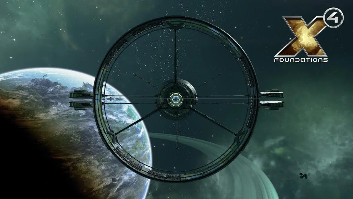 X4: Foundations wheel-shaped space station orbiting a ringed planet, framed by the game's logo in the corner