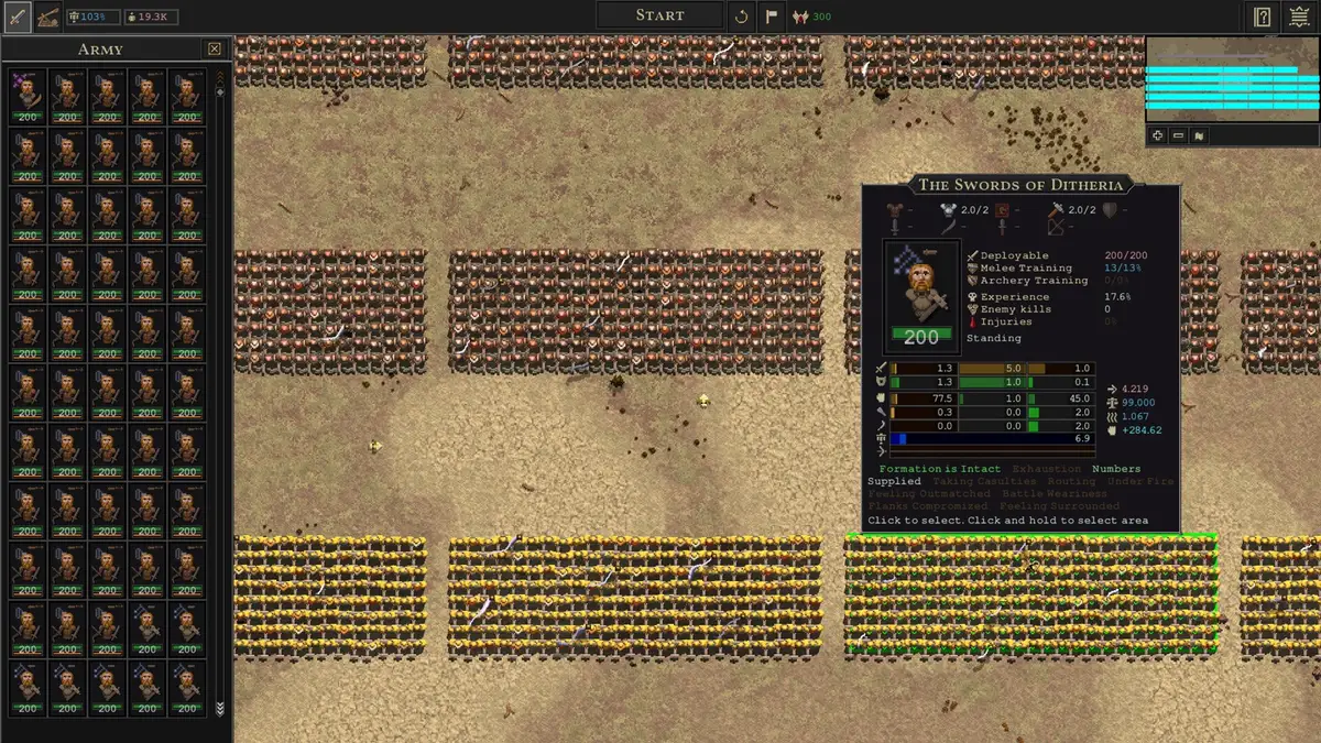 Songs of Syx battle formation screen with ranks of 200-unit army blocks and a selected unit's combat stats panel