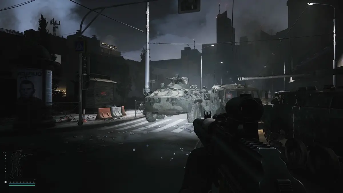 Escape from Tarkov night street with armoured personnel carriers at a crossing, seen over the top of a scoped rifle